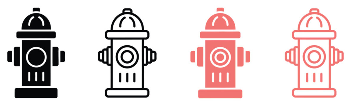 Fire hydrant icon set vector illustration featuring water hydrant symbols in simple line and flat emergency safety design style