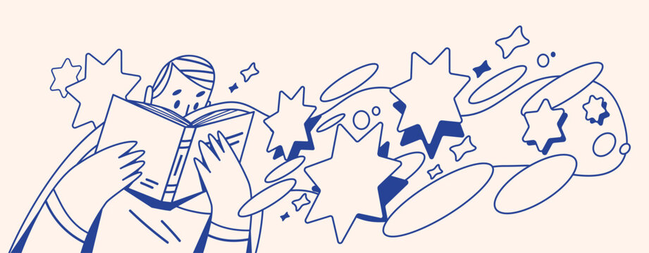 Imagination and Education Doodle Concept. Line Art Sketch of Reader with Flying Stars