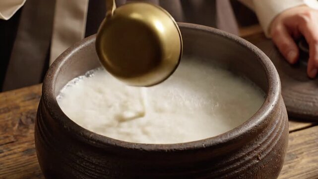 Mixing milky white liquid in rustic earthenware pot, traditional beverage preparation, culinary process, close-up static shot
