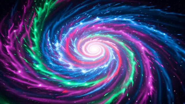 An abstract blue spiral galaxy background features a swirl of light and motion through a dark space vortex with colorful fractal patterns and star shapes