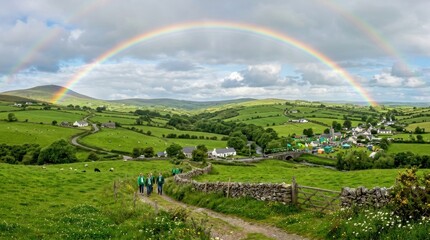 Fototapeta premium A vibrant rainbow arcs across a picturesque landscape in Ireland.