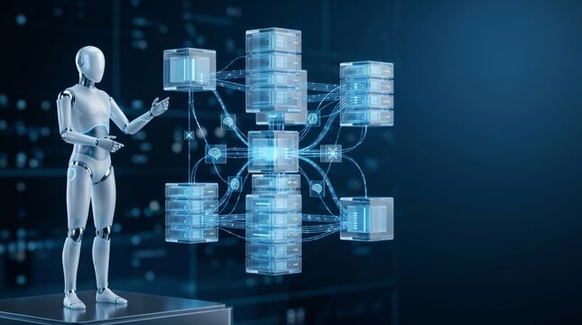 Robot presenting AI data network with connected server nodes in digital data center 3d render