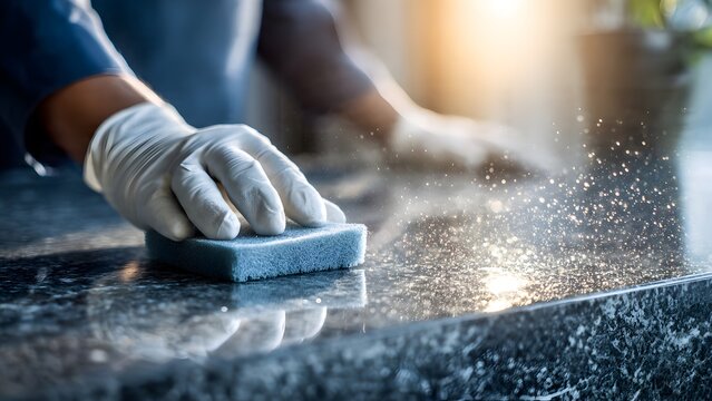 Male janitor cleaning marble counter with white gloves and soapy sponge.