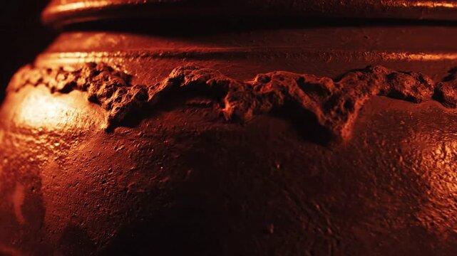 Closeup of rough textured dark clay pot with decorative border, rustic earthenware detail, warm orange lighting