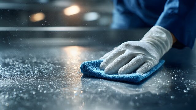 Male janitor cleaning ceramic tile counter with white gloves and soapy sponge.