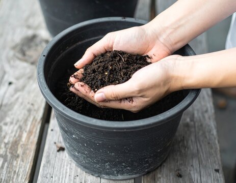 Nurturing Life: A close-up shot captures hands carefully holding and assessing rich, fertile soil within a pot, embodying the essence of gardening and cultivation.
