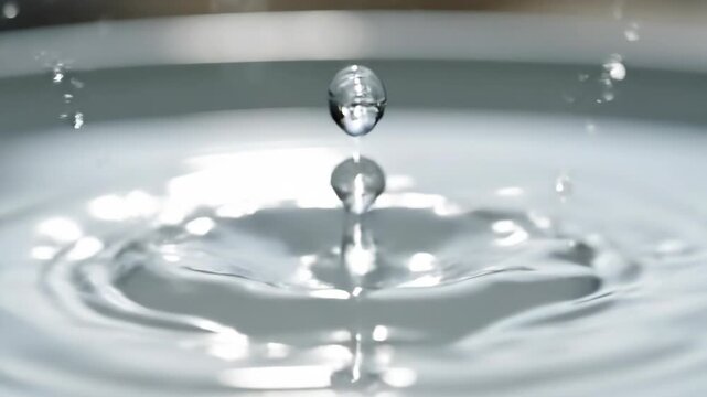 Droplet creates a crown-like splash on a glossy liquid surface, captured in sharp focus with a soft backdrop