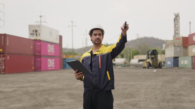 A logistics coordinator with a clipboard and radio manages cargo operations at an industrial container terminal, overseeing supply chain management.
