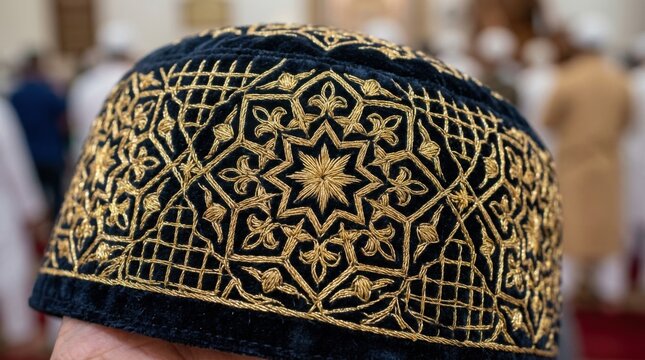 Traditional Islamic Prayer Cap Kufi with Gold Embroidery Pattern on Dark Background