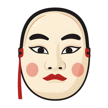 Kasshiki Noh mask illustration, Japanese theater mask vector, traditional Kabuki face graphic, cultural Noh mask design, Asian drama mask illustration, flat Japanese mask artwork, theatrical face vect