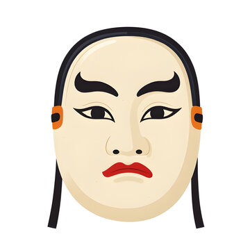 Kasshiki Noh mask illustration, Japanese theater mask vector, traditional Kabuki face graphic, cultural Noh mask design, Asian drama mask illustration, flat Japanese mask artwork, theatrical face vect