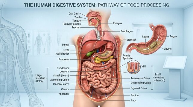The image illustrates the human digestive system's pathway of food processing.