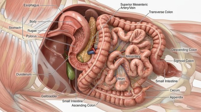 The image displays a detailed anatomical illustration of the human digestive system.