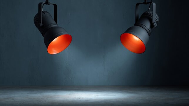 Two black stage lights with orange reflectors illuminating a gray concrete floor against a textured dark blue wall in a studio setting