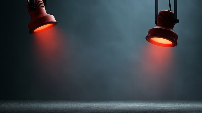 Two red spotlight lamps casting warm light onto a textured gray surface, creating a dramatic atmosphere with shadows and a dark background