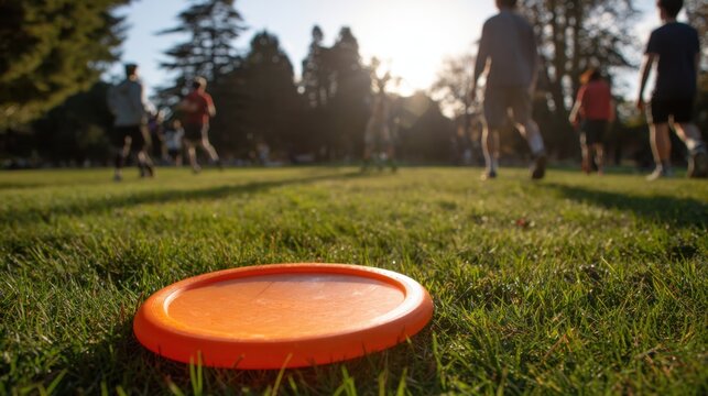 Orange flying disc resting on green grass field with people playing ultimate frisbee in blurred background on sunny afternoon in park