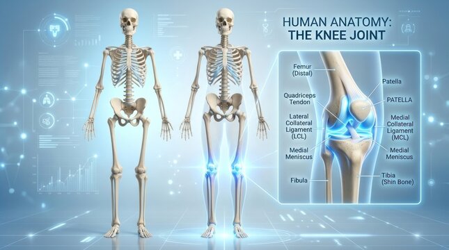 A detailed anatomical illustration depicts the human knee joint, showcasing its various structures and ligaments.