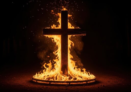 Burning cross with flames in dark background