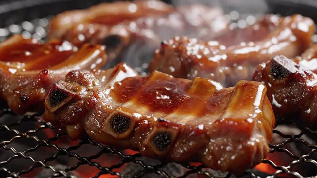 Glazed pork ribs cooking on a hot grill, sizzling and steaming with delicious char marks, perfect for food blogs or restaurant menus