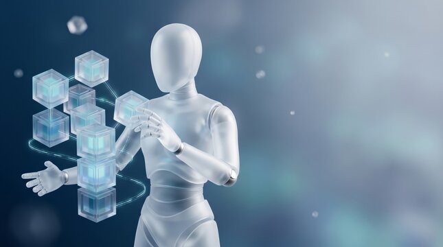 Robot humanoid interacting with glowing blockchain cube network on blue background 3d render
