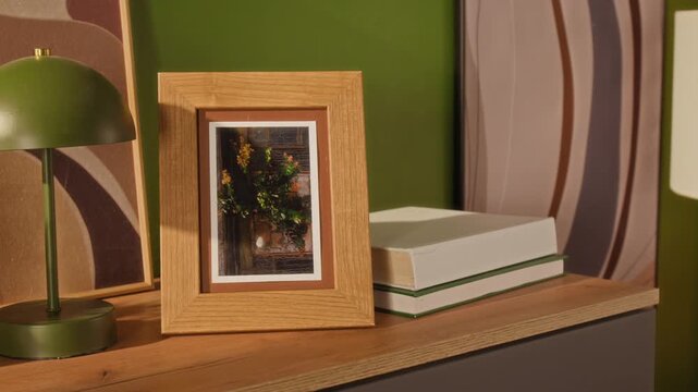 Close up of minimalistic photo frame decorating modern apartment interior while placed on wooden shelf beside books and green lamp