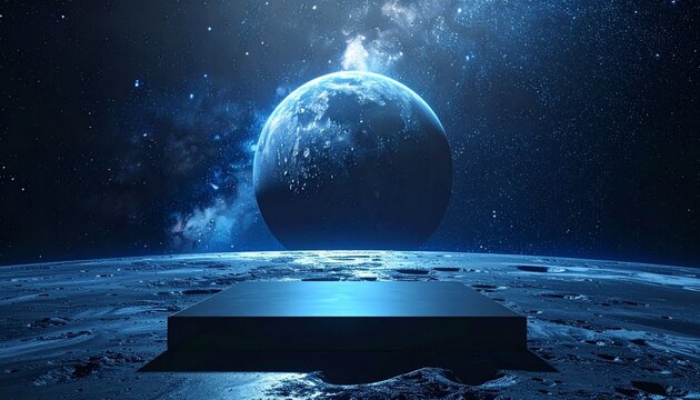 A blue gray, black pallet or display base is placed on the Earth's surface, illuminated by moonlight. The backdrop is the solar system. 3D rendering.
