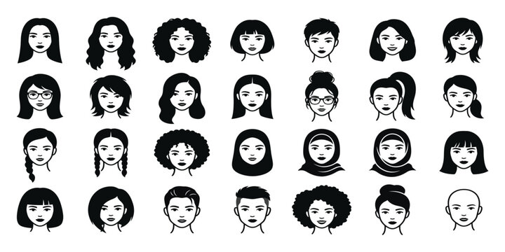 Vector Set of Diverse People Avatars Modern Illustrations Featuring Various Hairstyles and Faces for Profile Pictures, User Interfaces, and Character Design