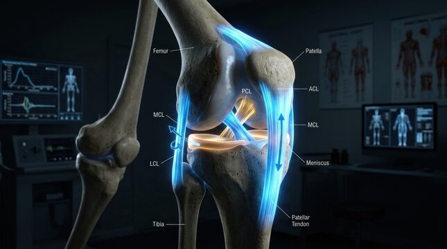 A digital illustration depicts a human knee joint with detailed anatomical markings.