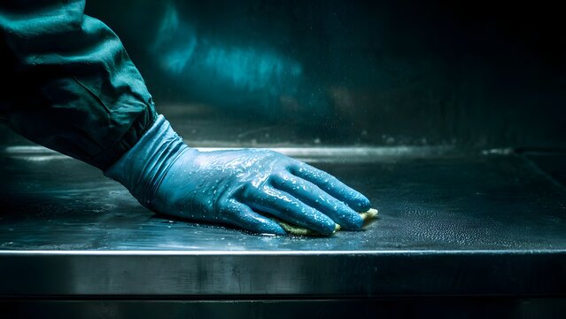 Hand cleaning stainless bar tap with gloves and vinegar cleaner, side warm light.
