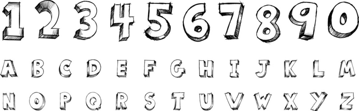 Hand drawn alphabet and numbers set with 3d sketchy effect for creative typography