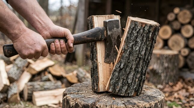Traditional Lumberjack Splitting Wood Log