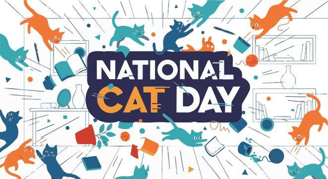 National Cat Day celebration background with colorful cat illustrations in playful vibrant lighting for social media