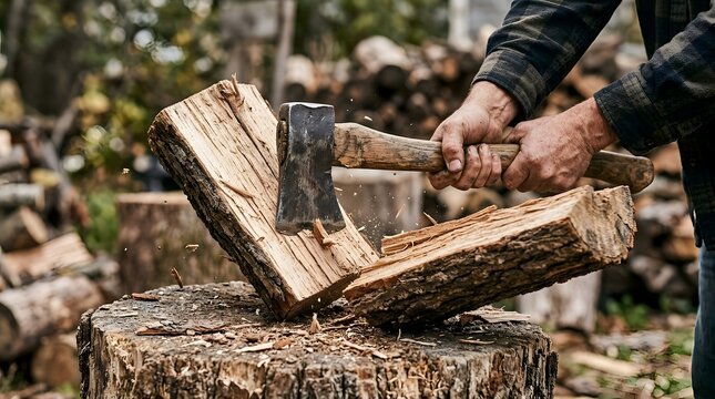 Man Splitting Firewood with an Axe