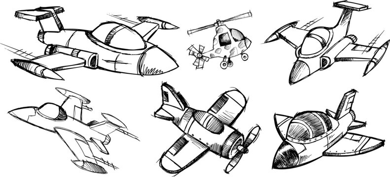 Hand drawn airplane and helicopter sketches set featuring vintage and modern aircraft