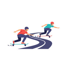 Obraz premium Two longboarders downhill racing on a curved asphalt track