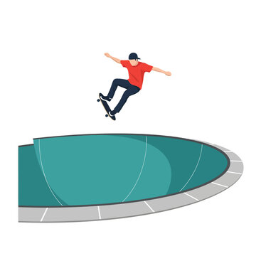 Skateboarder performing mid air jump trick over pool bowl