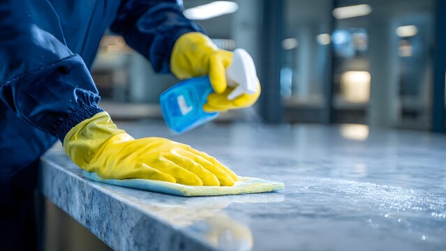 Male janitor cleaning laminate counter with yellow gloves and soapy sponge.