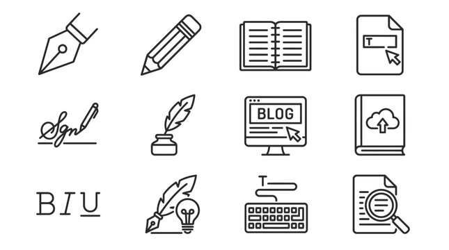 Set of writing and blogging line icons for content creation.