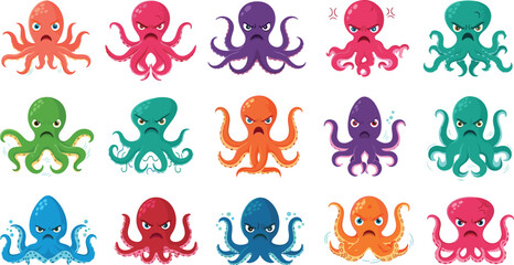 Colorful collection of angry octopus character vector icons featuring various grumpy facial expressions and moody underwater sea creature designs. © Ratna