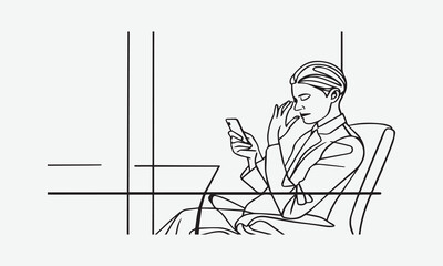 Obraz premium Modern female executive working on phone minimalist vector illustration.