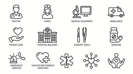 Collection of medical and healthcare outline icons representing various aspects of health services. © BANJARETNO