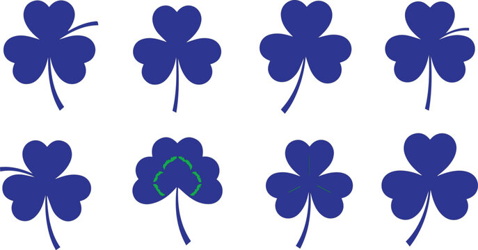 Multiple blue shamrock symbols are displayed against a white background, showcasing variations in shape and outline.