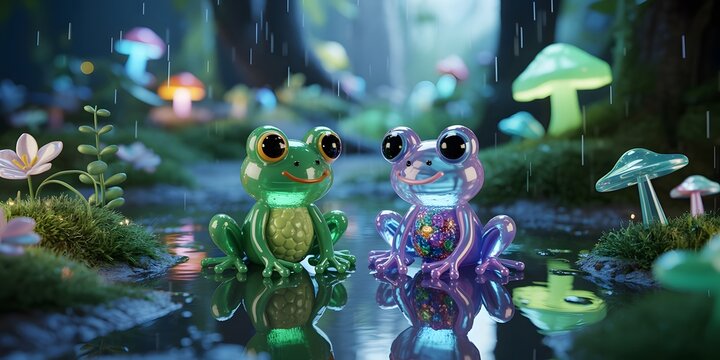 Cute frogs in a magical rainy forest with glowing mushrooms