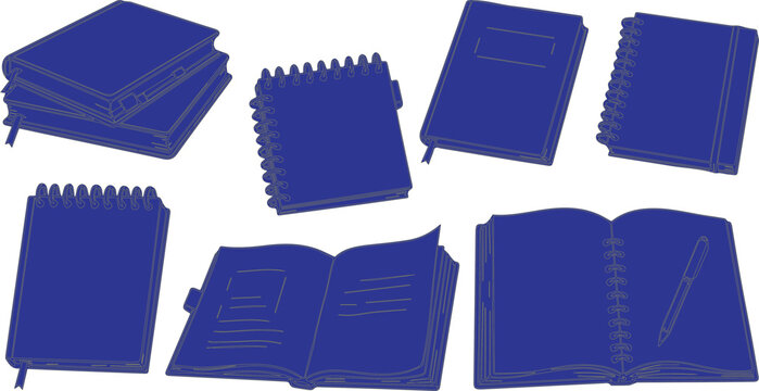 Various blue notebook and journal designs are arranged on a white background illustrating stationery and writing tools.