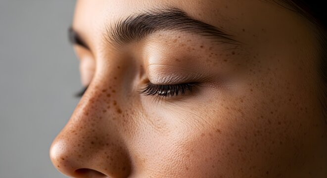 Closeup Profile Of A Young Woman's Face Showing Natural Skin Texture And Freckles With Eyes Closed