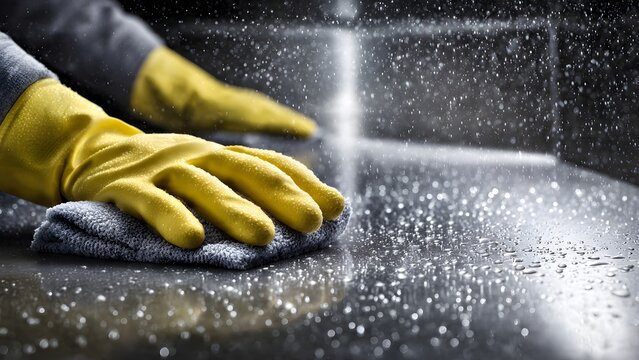 Male janitor cleaning stainless counter with gloves and disinfectant spray.