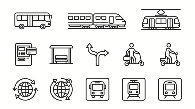 Public Transportation Icons Set with Bus Train Tram and Scooter.