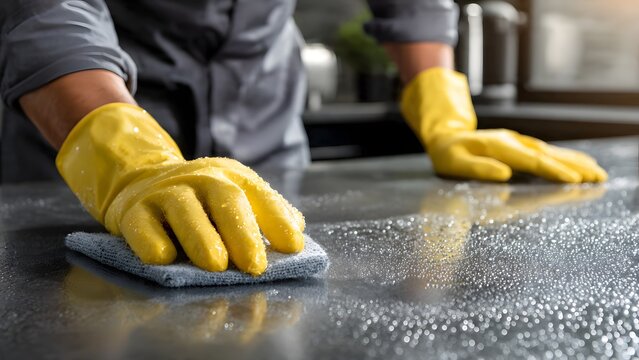 Male janitor cleaning laminate counter with yellow gloves and soapy sponge.