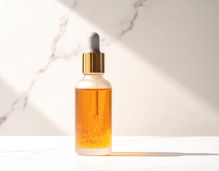 Fototapeta premium Glass dropper bottle filled with golden cosmetic serum standing on a polished white marble surface