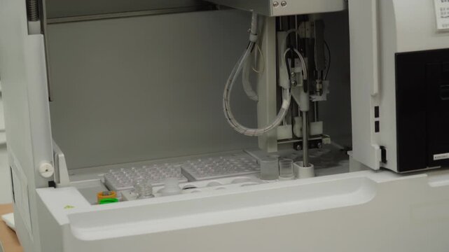 Automated robotic pipetting system precisely dispenses blue liquid into vials in a sterile lab.